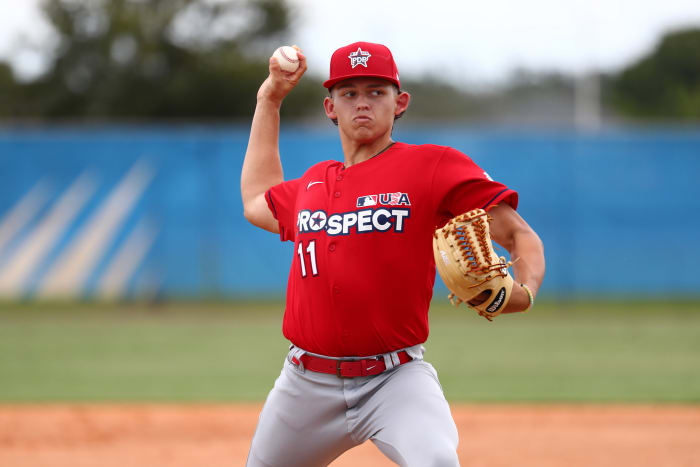 Jun 17, 2019; Bradenton, FL, USA; Team Larkin pitcher Ben Hernandez (11) during workouts at IMG Academy. Mandatory Credit: Kim Klement-USA TODAY Sports